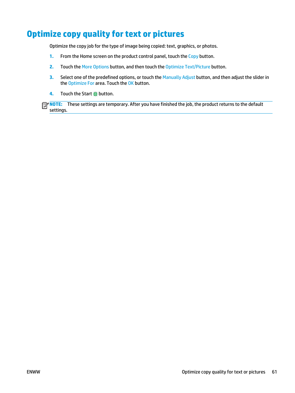 Optimize copy quality for text or pictures | HP LaserJet Enterprise flow M830 Multifunction Printer series User Manual | Page 71 / 200