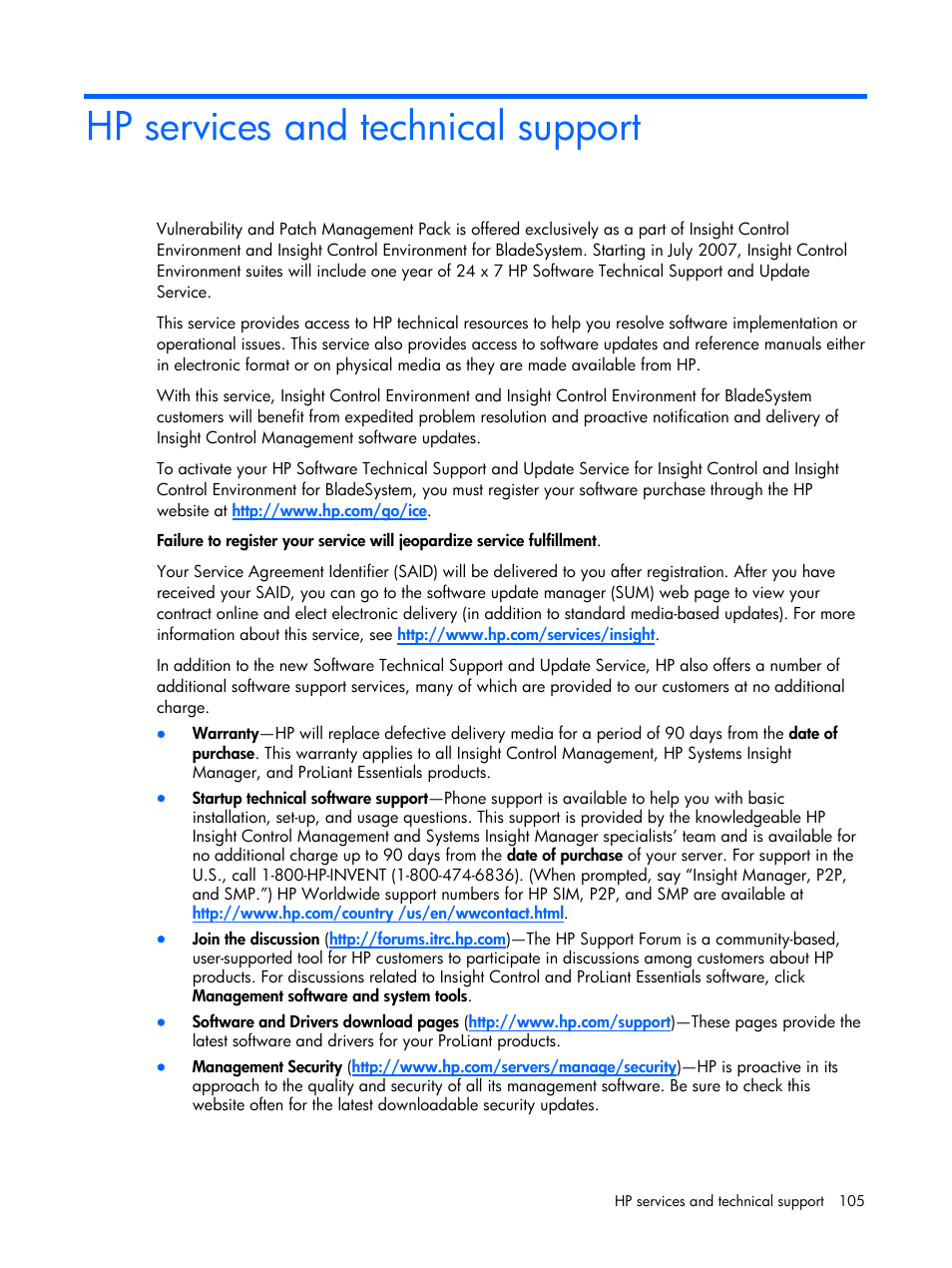 Hp services and technical support | HP Insight Vulnerability and Patch Manager Software User Manual | Page 105 / 110