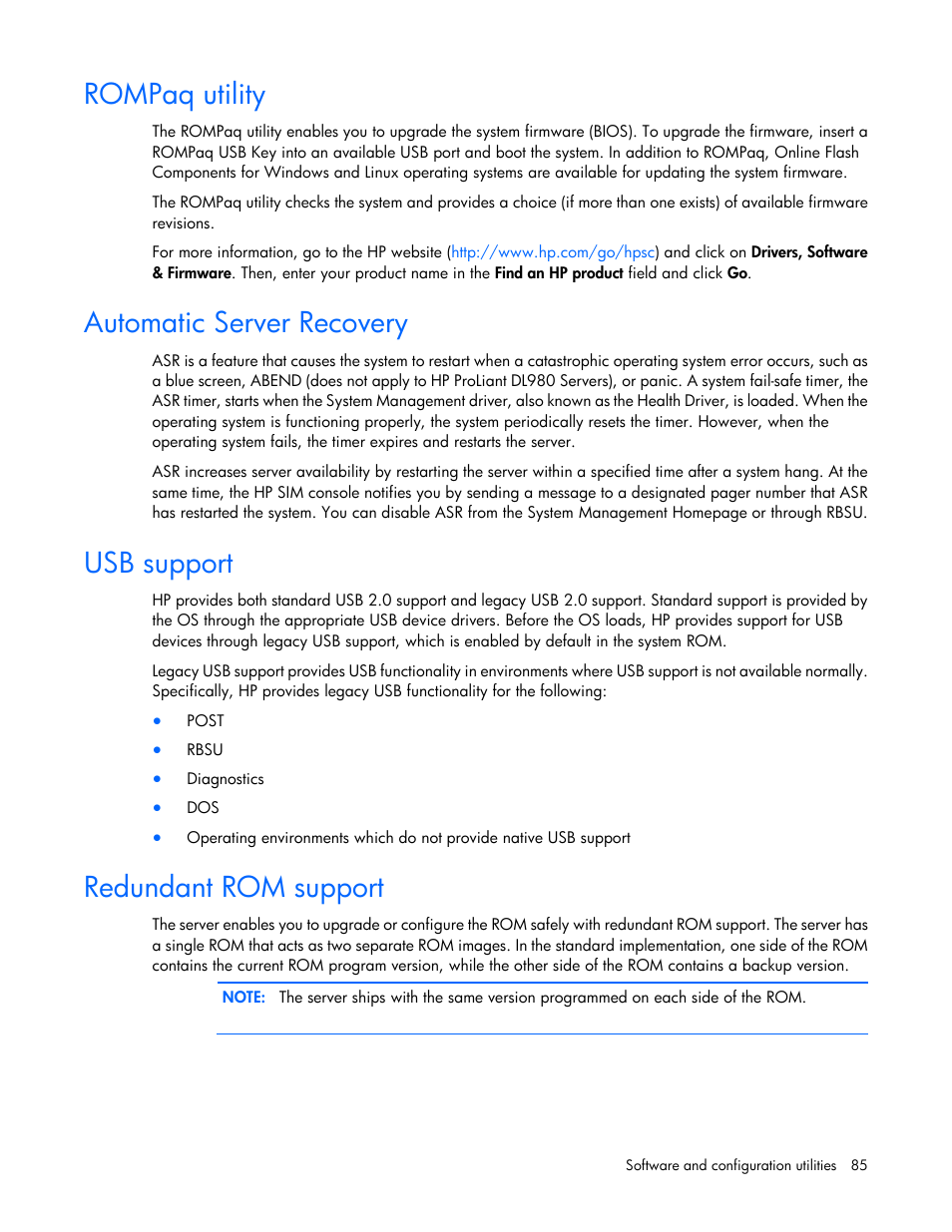Rompaq utility, Automatic server recovery, Usb support | Redundant rom support | HP ProLiant DL360e Gen8 Server User Manual | Page 85 / 114