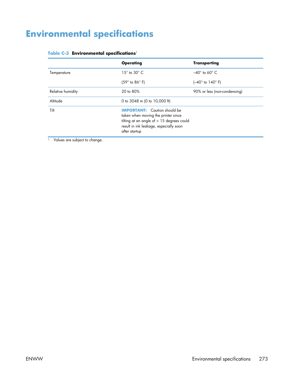Environmental specifications | HP Officejet Pro X576 Multifunction Printer series User Manual | Page 289 / 336