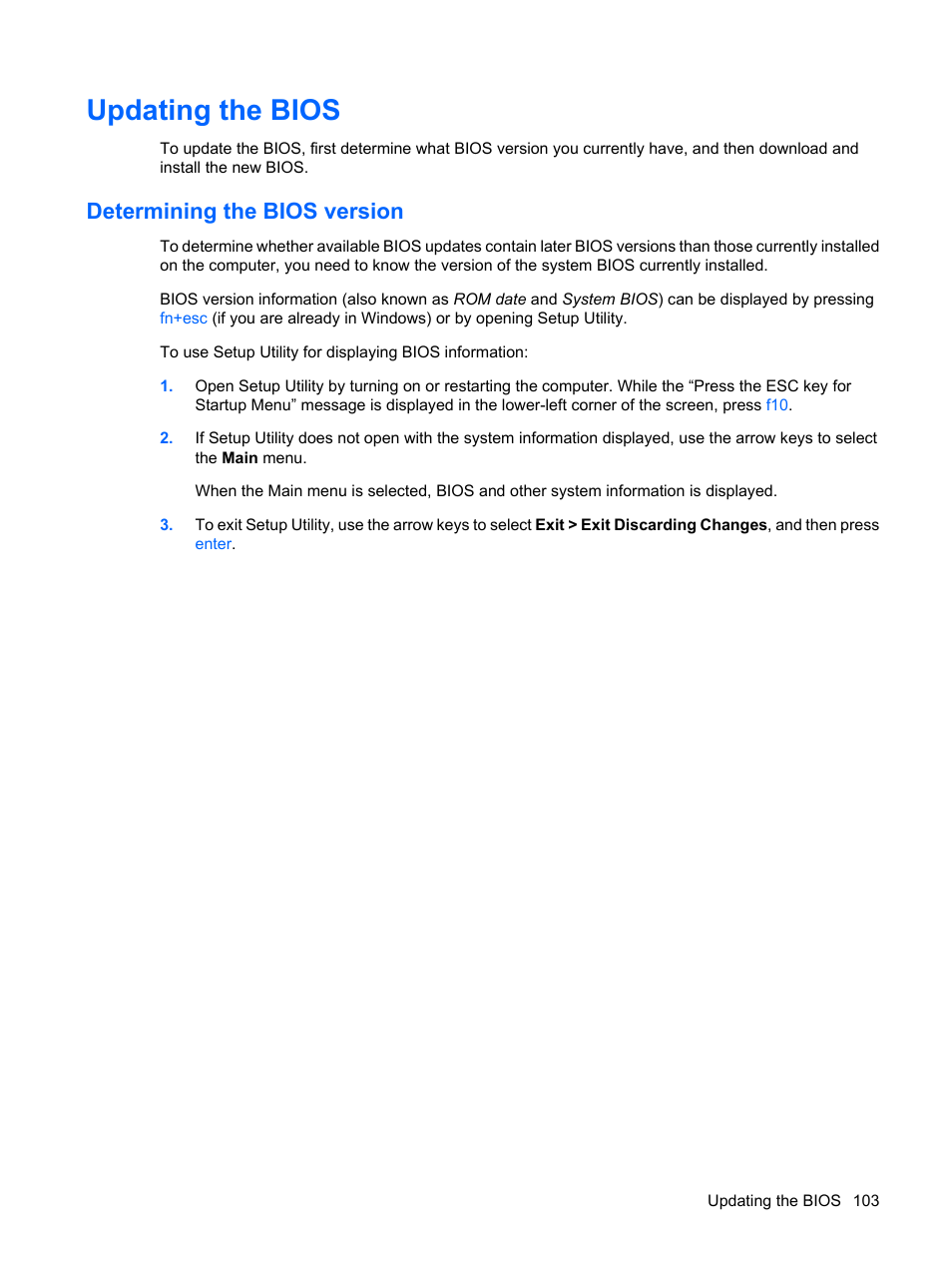 Updating the bios, Determining the bios version | HP Compaq Presario CQ62-225NR Notebook PC User Manual | Page 113 / 126