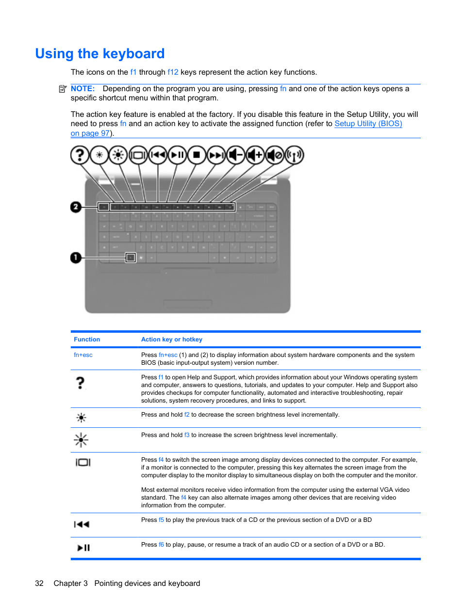 Using the keyboard | HP Compaq Presario CQ62-225NR Notebook PC User Manual | Page 42 / 126