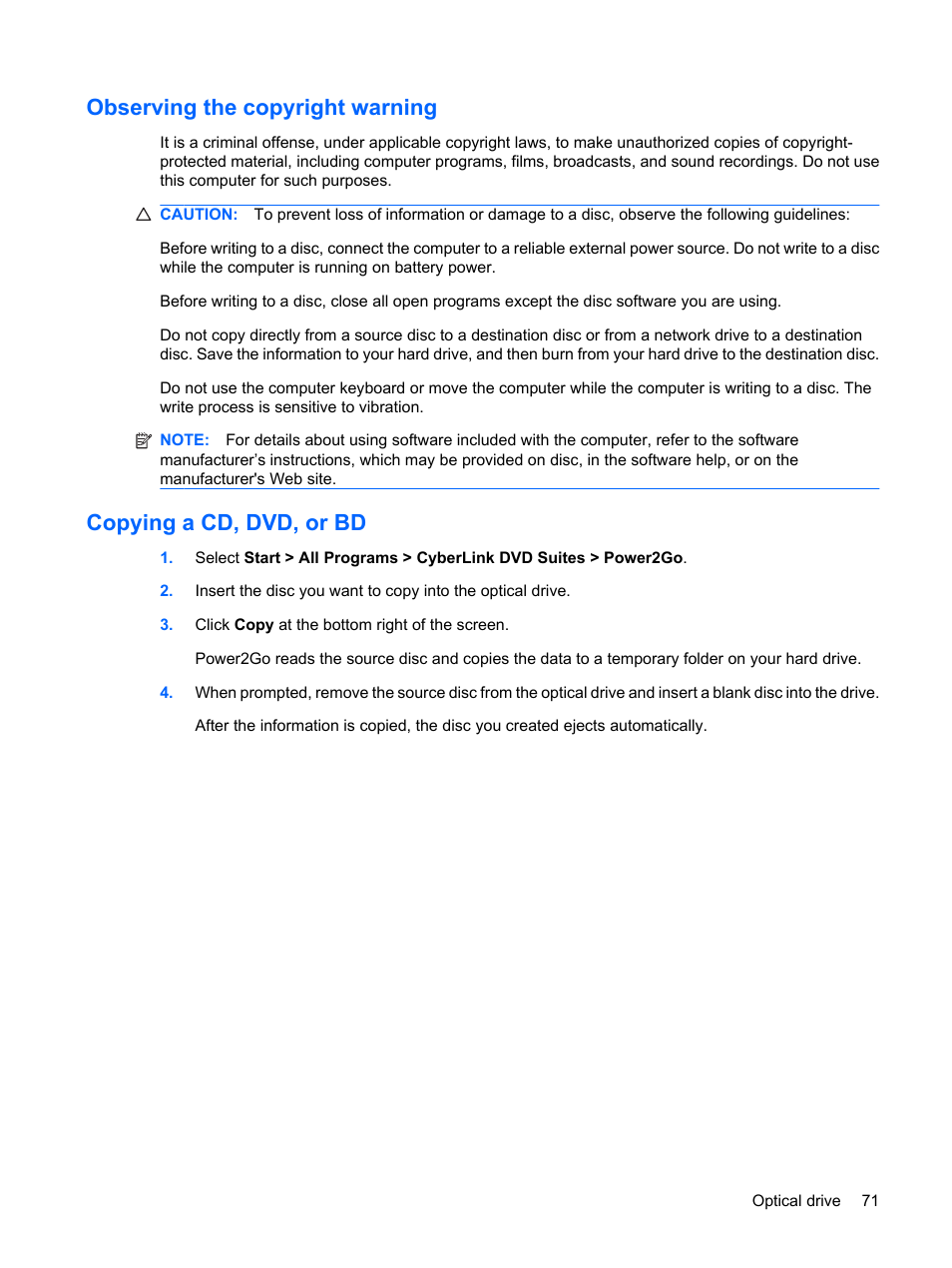 Observing the copyright warning, Copying a cd, dvd, or bd | HP Compaq Presario CQ62-225NR Notebook PC User Manual | Page 81 / 126