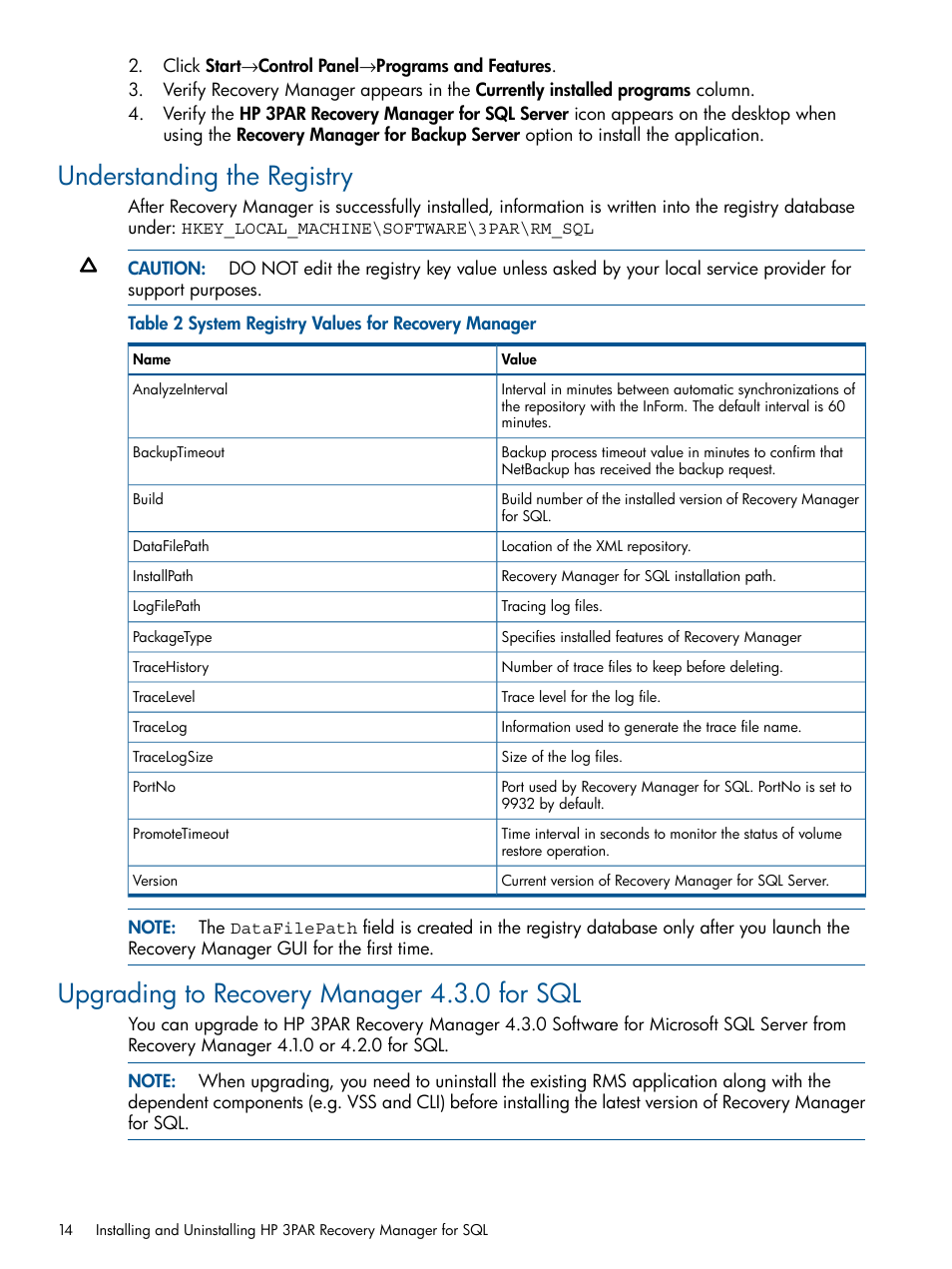 Understanding the registry, Upgrading to recovery manager 4.3.0 for sql | HP 3PAR Recovery Manager Software for Microsoft SQL Server Licenses User Manual | Page 14 / 87