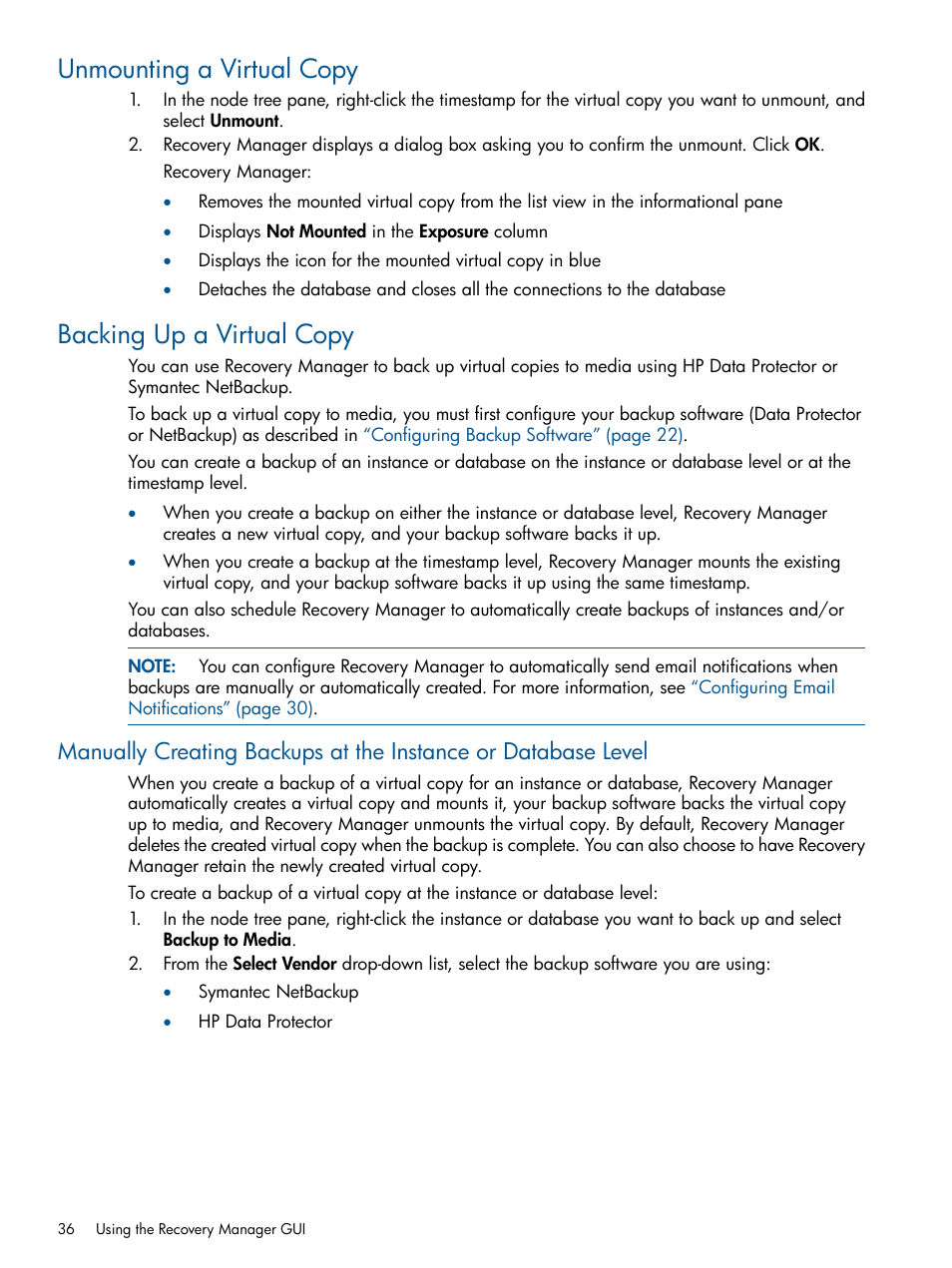 Unmounting a virtual copy, Backing up a virtual copy | HP 3PAR Recovery Manager Software for Microsoft SQL Server Licenses User Manual | Page 36 / 87