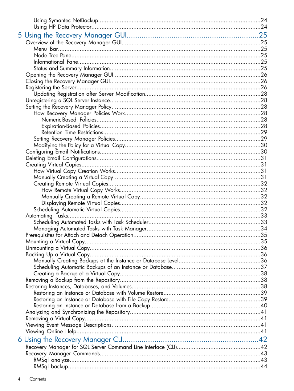 5 using the recovery manager gui, 6 using the recovery manager cli | HP 3PAR Recovery Manager Software for Microsoft SQL Server Licenses User Manual | Page 4 / 87