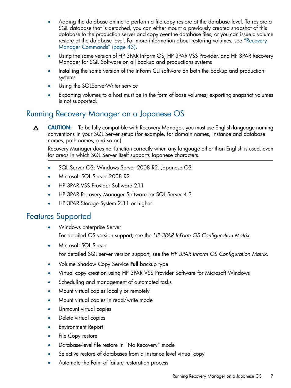 Running recovery manager on a japanese os, Features supported | HP 3PAR Recovery Manager Software for Microsoft SQL Server Licenses User Manual | Page 7 / 87