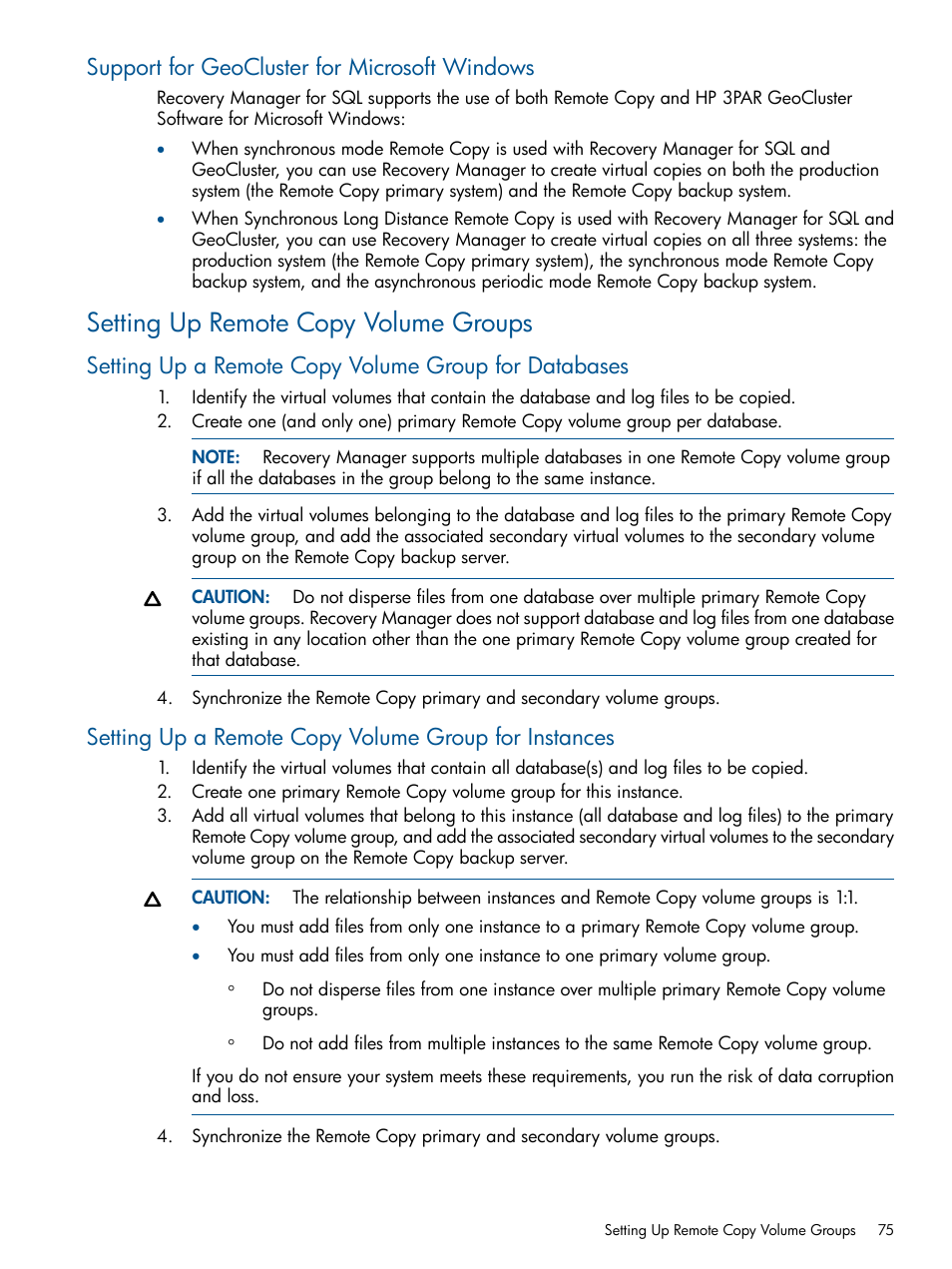 Support for geocluster for microsoft windows, Setting up remote copy volume groups | HP 3PAR Recovery Manager Software for Microsoft SQL Server Licenses User Manual | Page 75 / 87