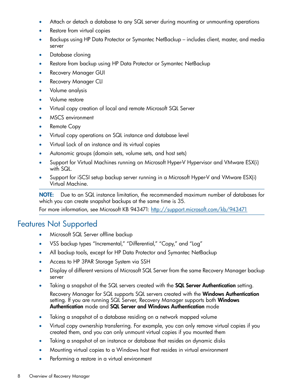 Features not supported | HP 3PAR Recovery Manager Software for Microsoft SQL Server Licenses User Manual | Page 8 / 87