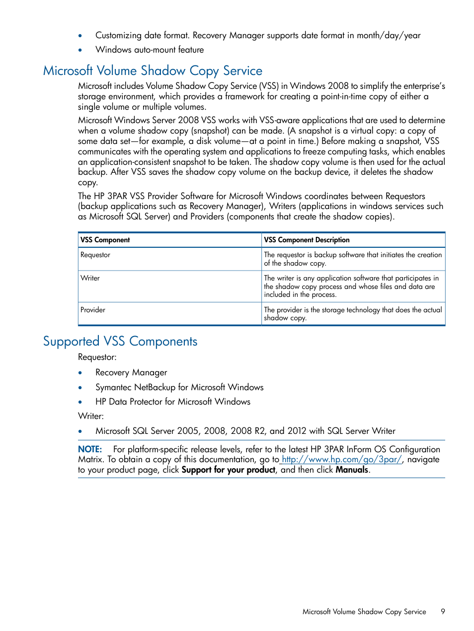 Microsoft volume shadow copy service, Supported vss components | HP 3PAR Recovery Manager Software for Microsoft SQL Server Licenses User Manual | Page 9 / 87