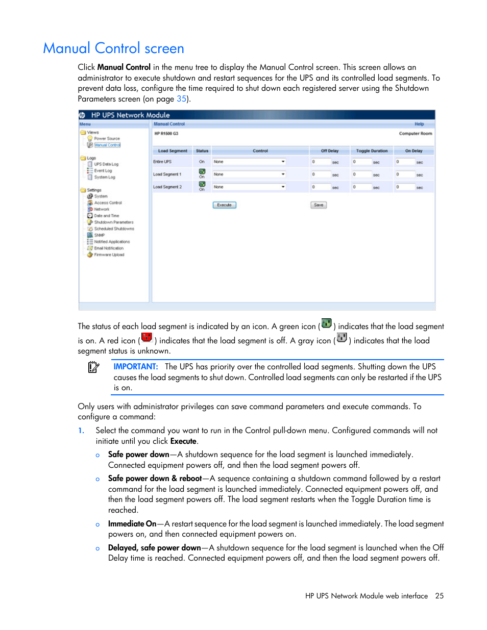 Manual control screen | HP UPS Network Module User Manual | Page 25 / 87