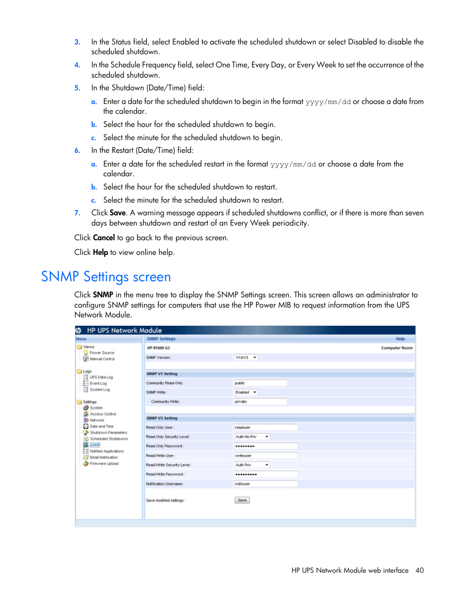 Snmp settings screen | HP UPS Network Module User Manual | Page 40 / 87
