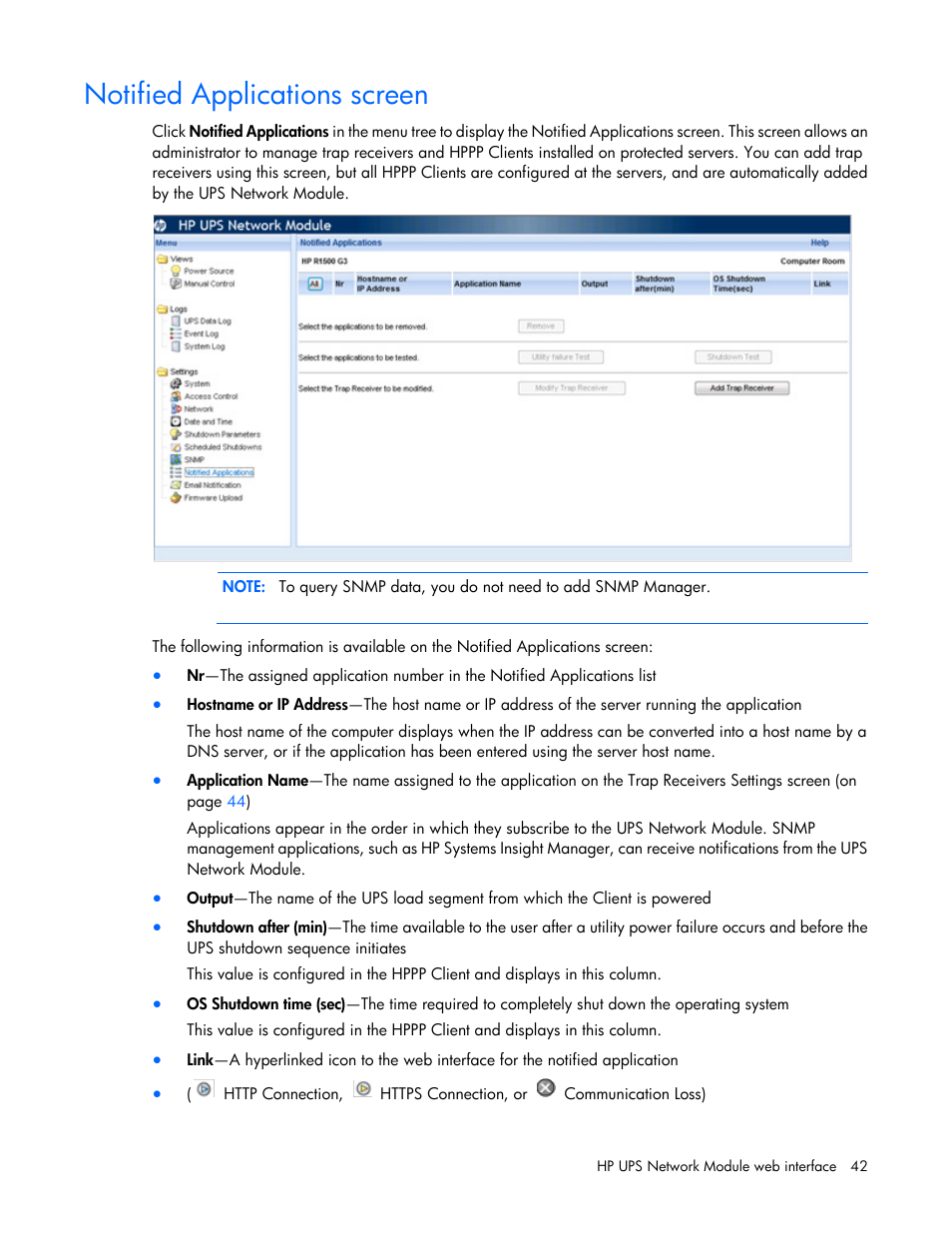 Notified applications screen | HP UPS Network Module User Manual | Page 42 / 87