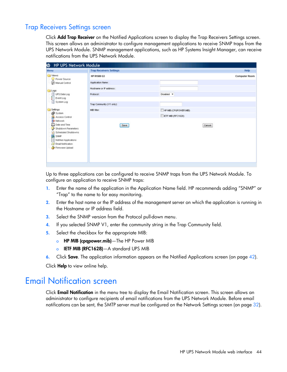 Trap receivers settings screen, Email notification screen | HP UPS Network Module User Manual | Page 44 / 87