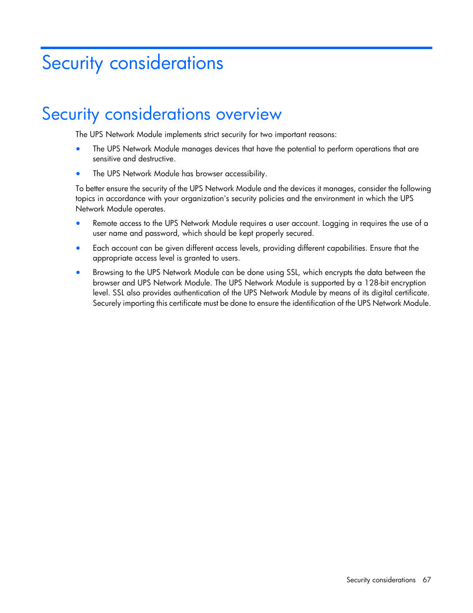Security considerations, Security considerations overview | HP UPS Network Module User Manual | Page 67 / 87