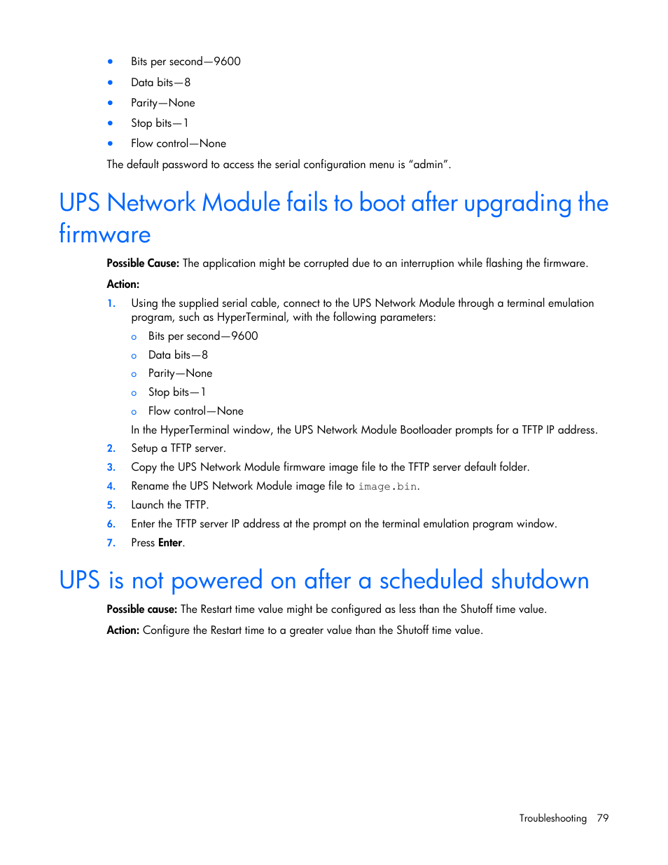 Ups is not powered on after a scheduled shutdown | HP UPS Network Module User Manual | Page 79 / 87