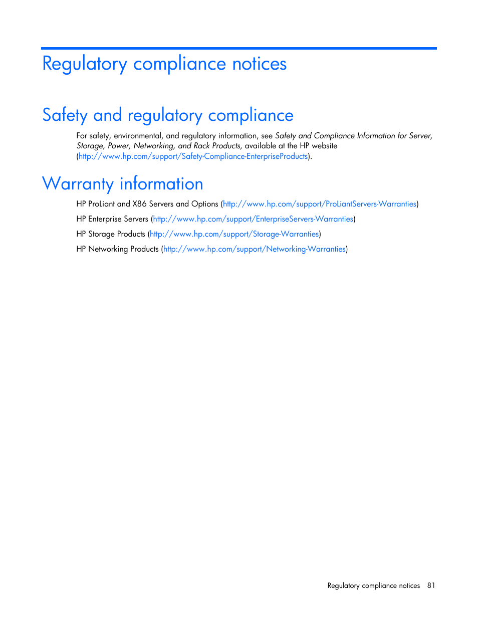 Regulatory compliance notices, Safety and regulatory compliance, Warranty information | HP UPS Network Module User Manual | Page 81 / 87