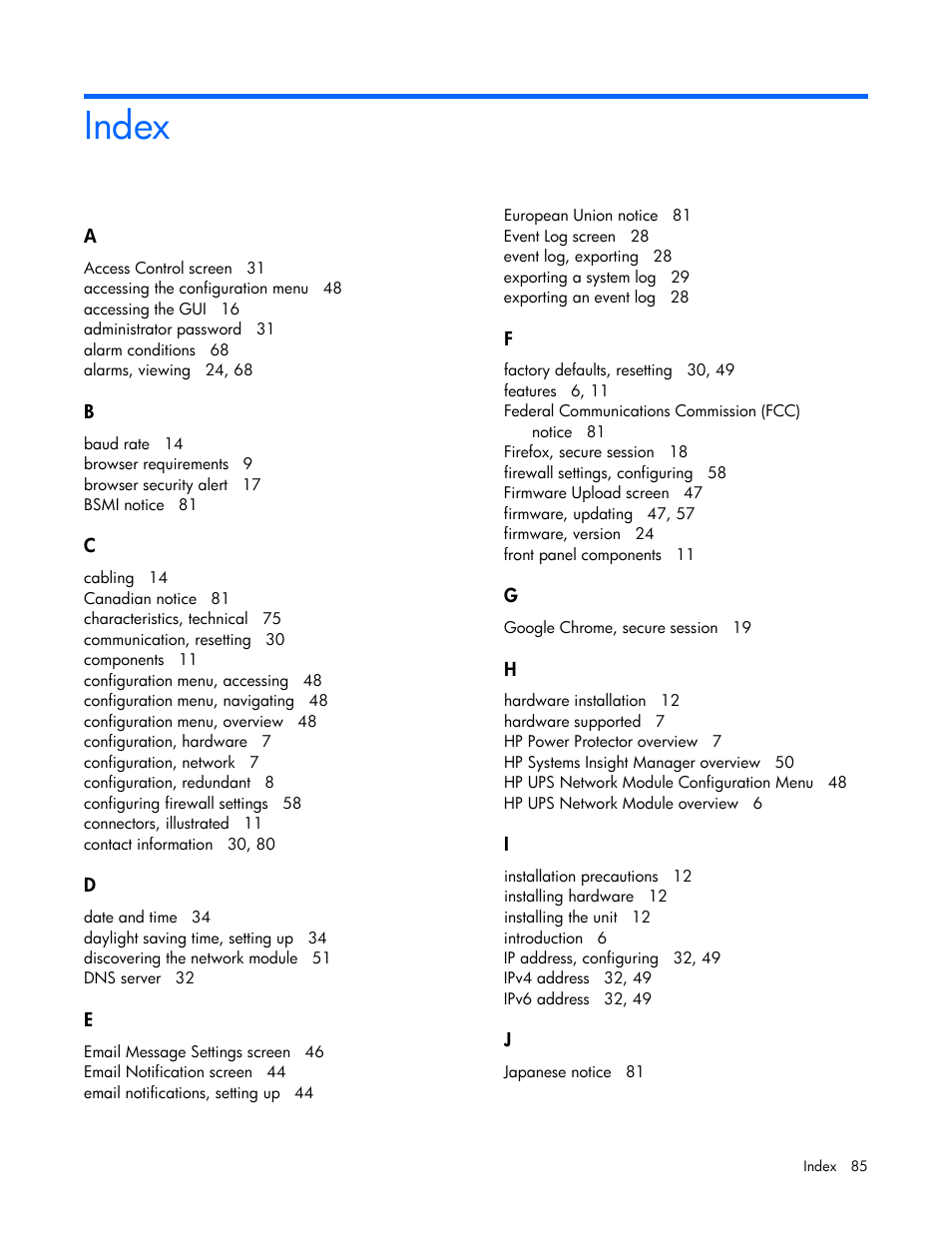 Index | HP UPS Network Module User Manual | Page 85 / 87