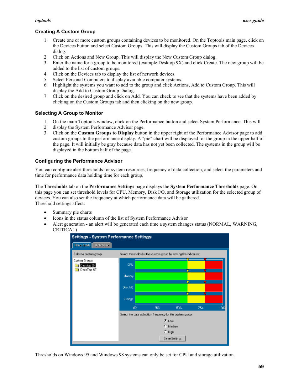 Creating a custom group, Selecting a group to monitor, Configuring the performance advisor | HP TopTools User Manual | Page 59 / 96