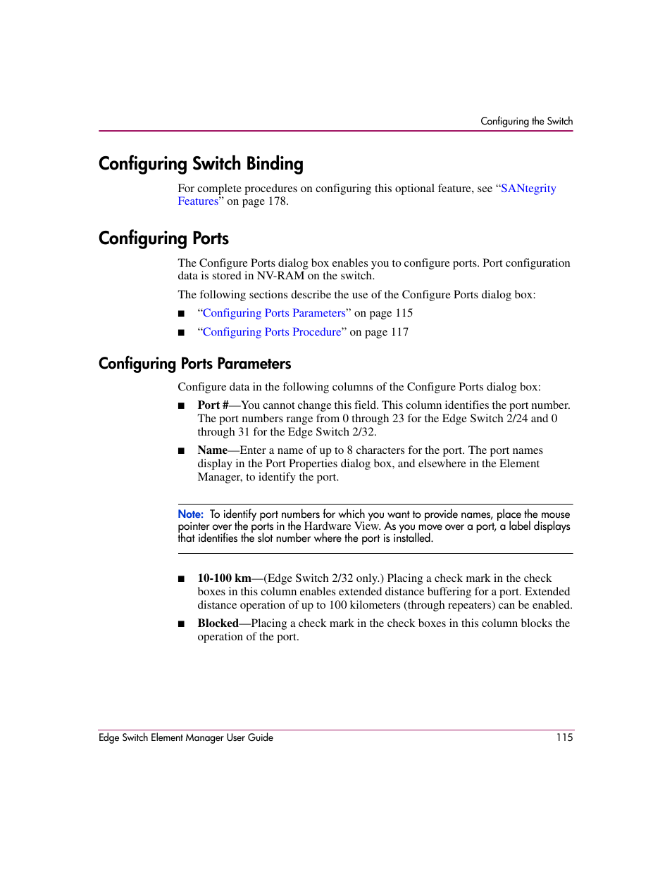 Configuring switch binding, Configuring ports, Configuring ports parameters | Configuring switch binding configuring ports | HP StorageWorks 2.12 Edge Switch User Manual | Page 115 / 246