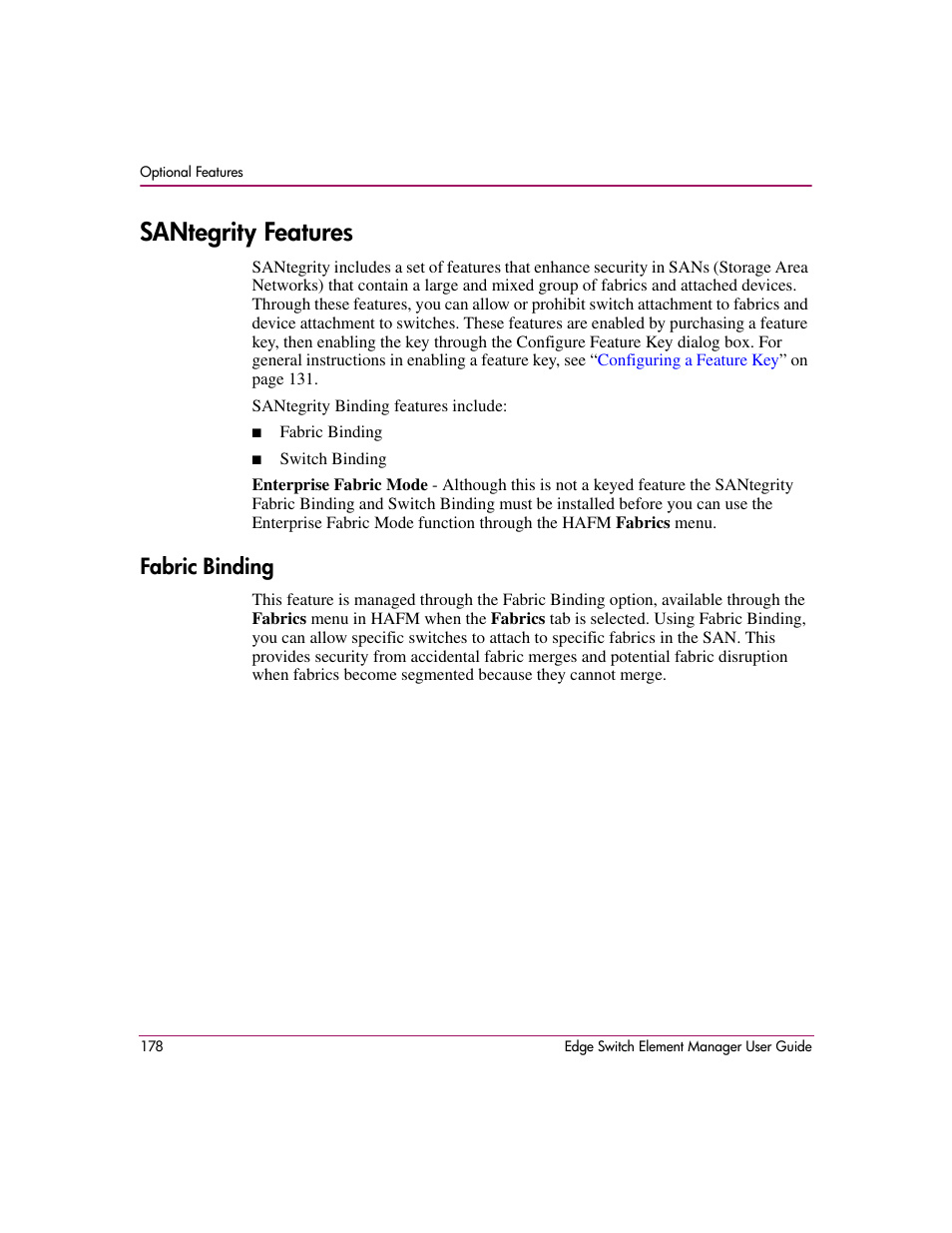Santegrity features, Fabric binding, Feature, see | Santegrity, Features | HP StorageWorks 2.12 Edge Switch User Manual | Page 178 / 246
