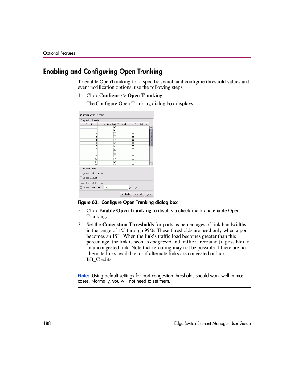 Enabling and configuring open trunking, Figure 63: configure open trunking dialog box, 63 configure open trunking dialog box | HP StorageWorks 2.12 Edge Switch User Manual | Page 188 / 246