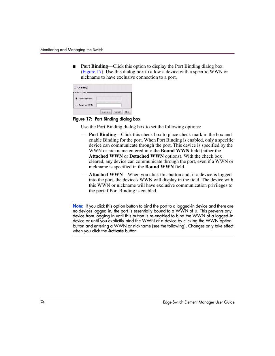 Figure 17: port binding dialog box, 17 port binding dialog box | HP StorageWorks 2.12 Edge Switch User Manual | Page 74 / 246