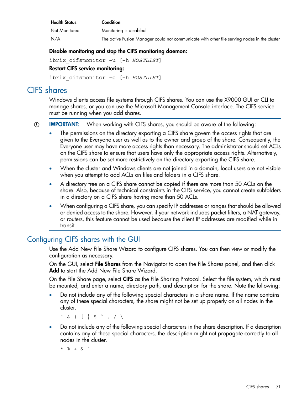 Cifs shares, Configuring cifs shares with the gui | HP StoreAll Storage User Manual | Page 71 / 209
