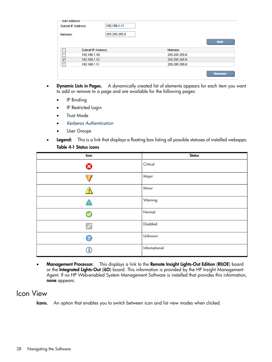 Icon view, Status icons | HP System Management Homepage-Software User Manual | Page 28 / 102
