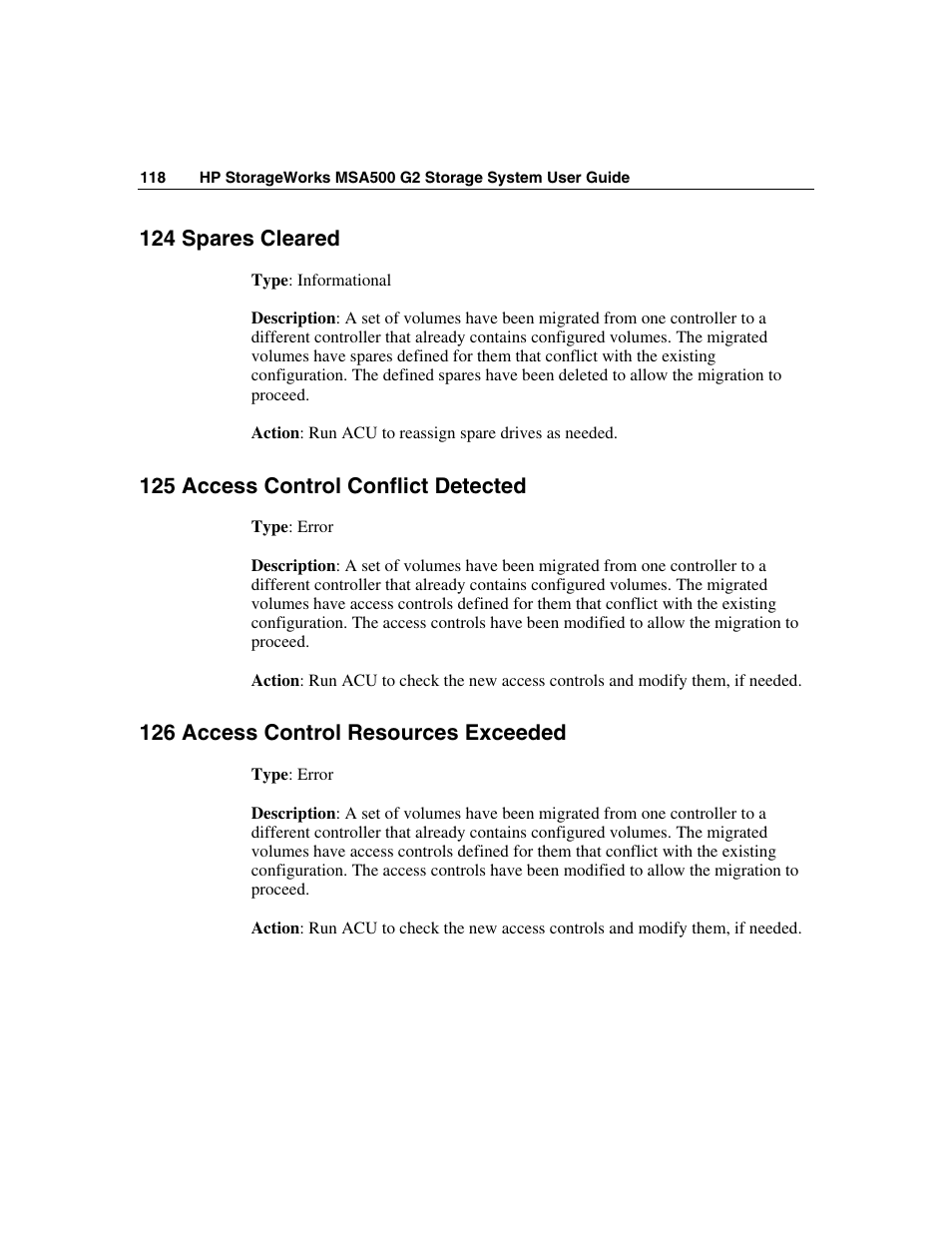 124 spares cleared, 125 access control conflict detected, 126 access control resources exceeded | HP StorageWorks 500 G2 Modular Smart Array User Manual | Page 118 / 153