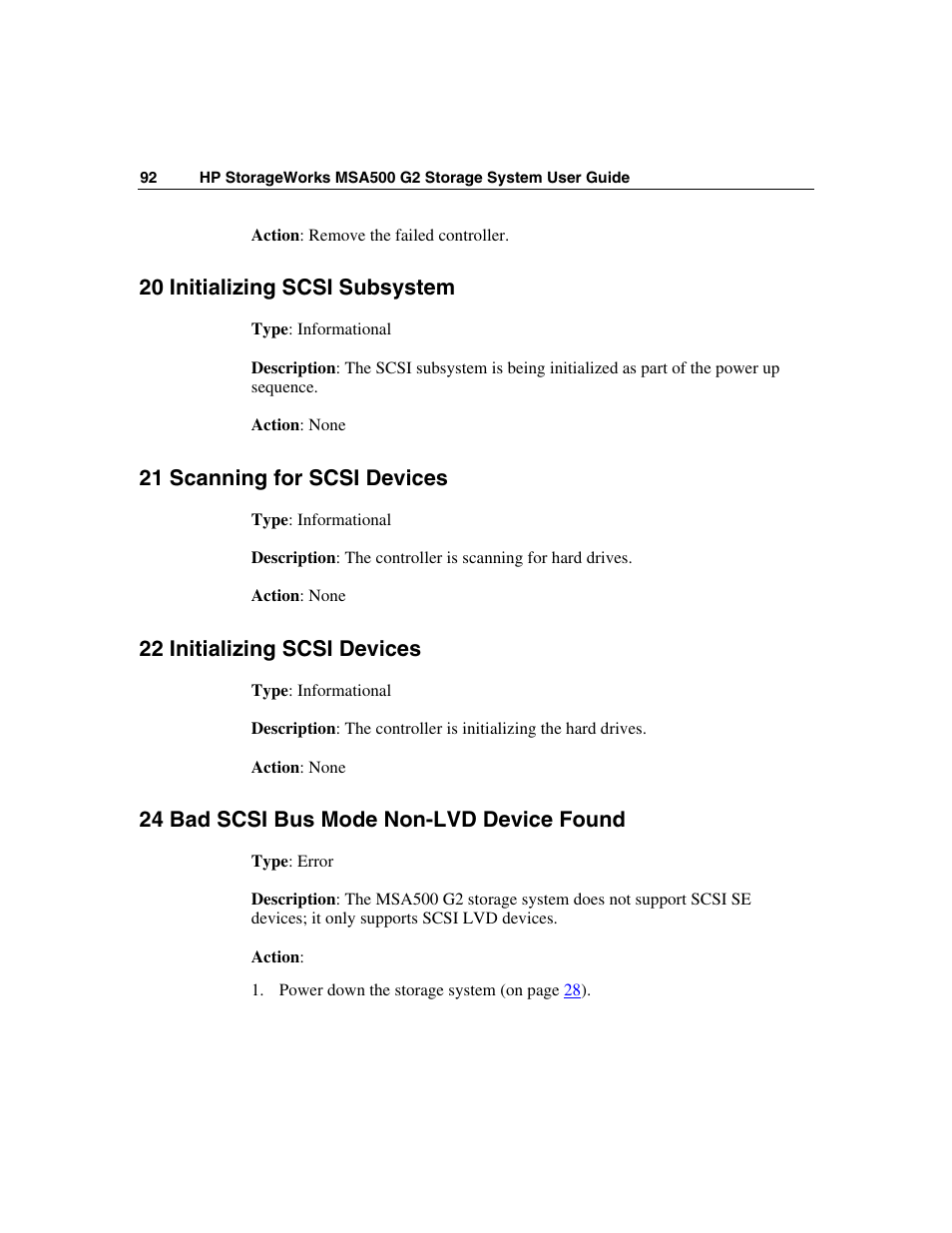 20 initializing scsi subsystem, 21 scanning for scsi devices, 22 initializing scsi devices | 24 bad scsi bus mode non-lvd device found | HP StorageWorks 500 G2 Modular Smart Array User Manual | Page 92 / 153