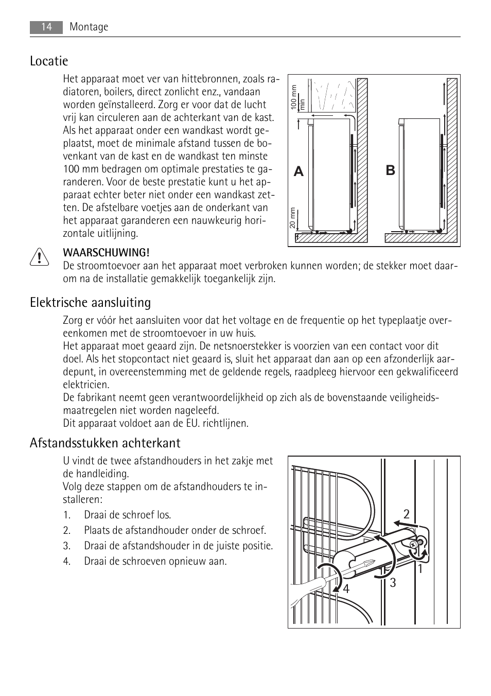 Locatie, Elektrische aansluiting, Afstandsstukken achterkant | AEG A52010GNW0 User Manual | Page 14 / 64