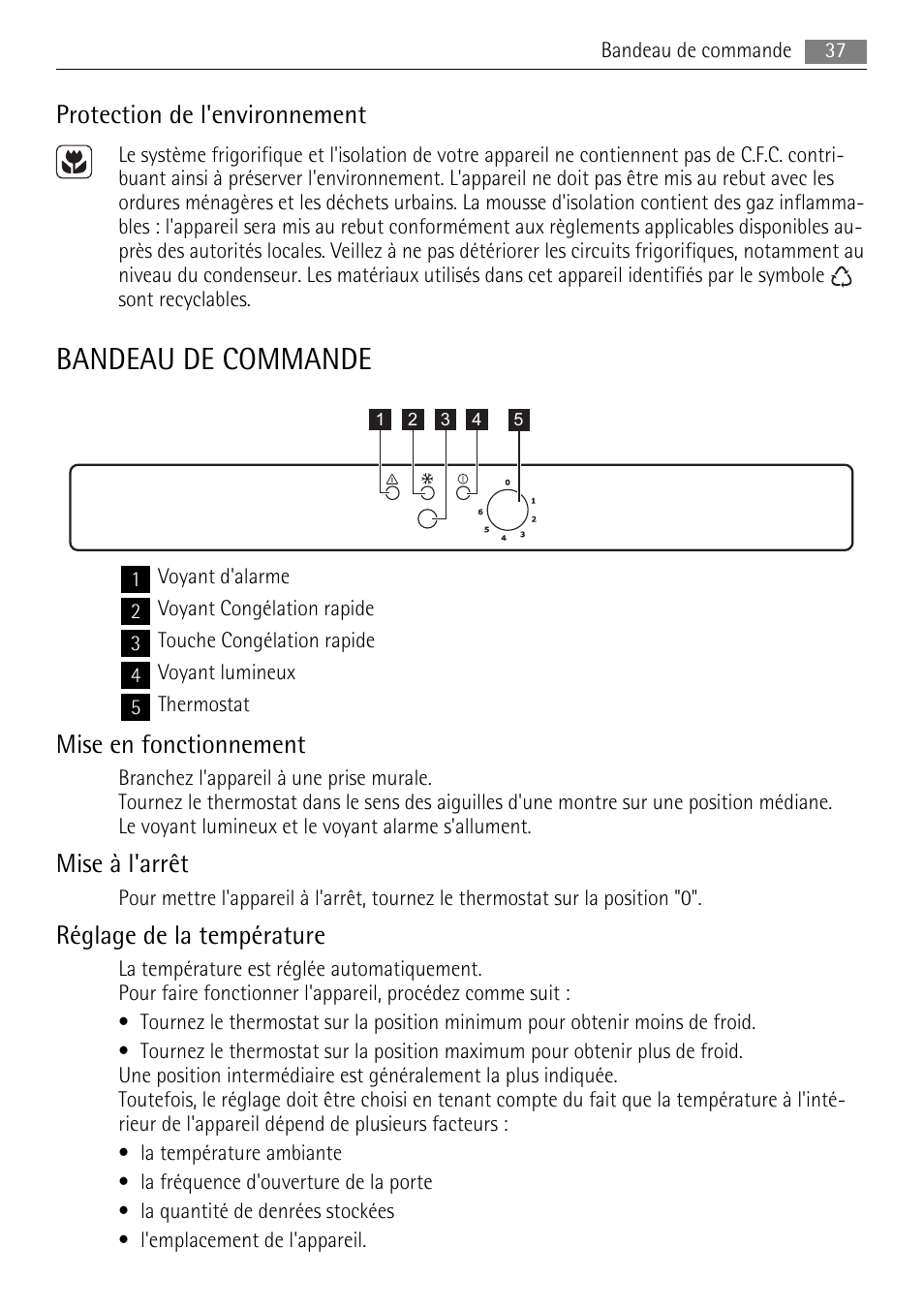 Bandeau de commande, Protection de l'environnement, Mise en fonctionnement | Mise à l'arrêt, Réglage de la température | AEG A52010GNW0 User Manual | Page 37 / 64