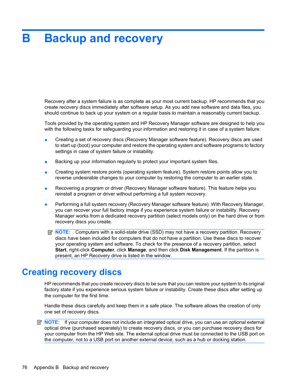 Backup and recovery, Creating recovery discs, Appendix b backup and recovery | Bbackup and recovery | HP Envy 13t-1100 CTO Notebook PC User Manual | Page 86 / 95