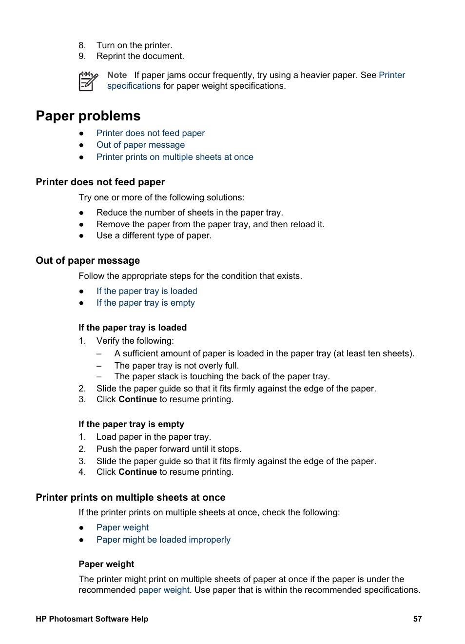 Paper problems, Printer does not feed paper, Out of paper message | Printer prints on multiple sheets at once | HP Deskjet D1341 Printer User Manual | Page 59 / 80