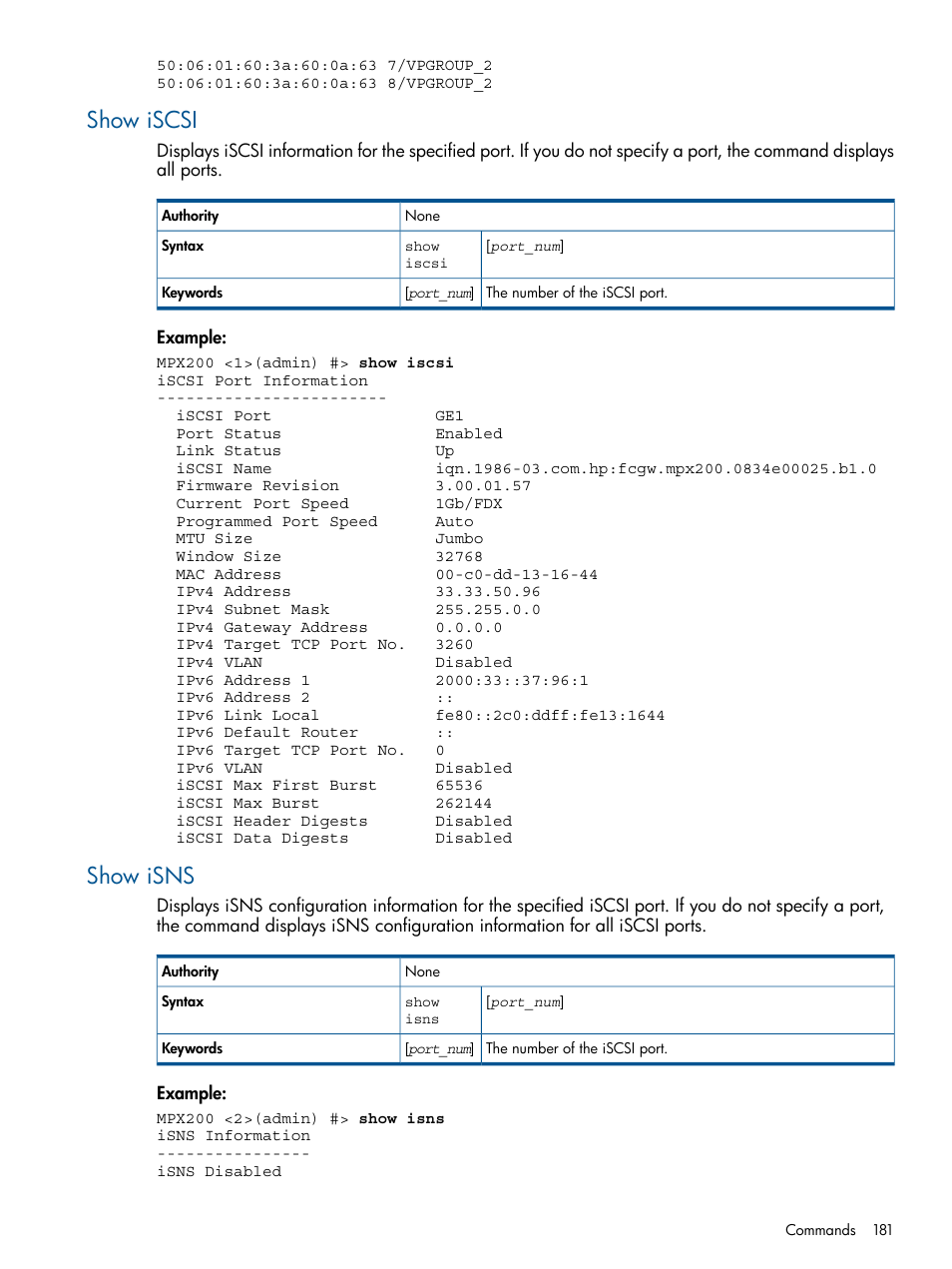 Show iscsi, Show isns, Show iscsi show isns | HP MPX200 Multifunction Router User Manual | Page 181 / 258