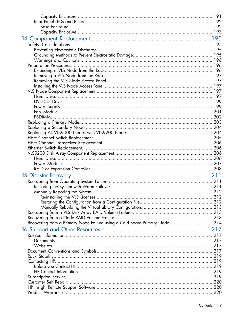 14 component replacement, 15 disaster recovery, 16 support and other resources | HP 9000 Virtual Library System User Manual | Page 9 / 258