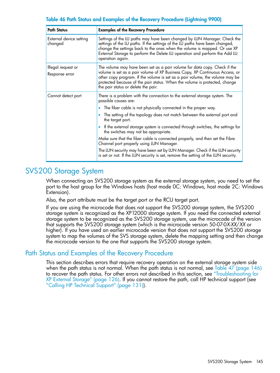 Svs200 storage system, Path status and examples of the recovery procedure | HP XP External Storage Software User Manual | Page 145 / 170