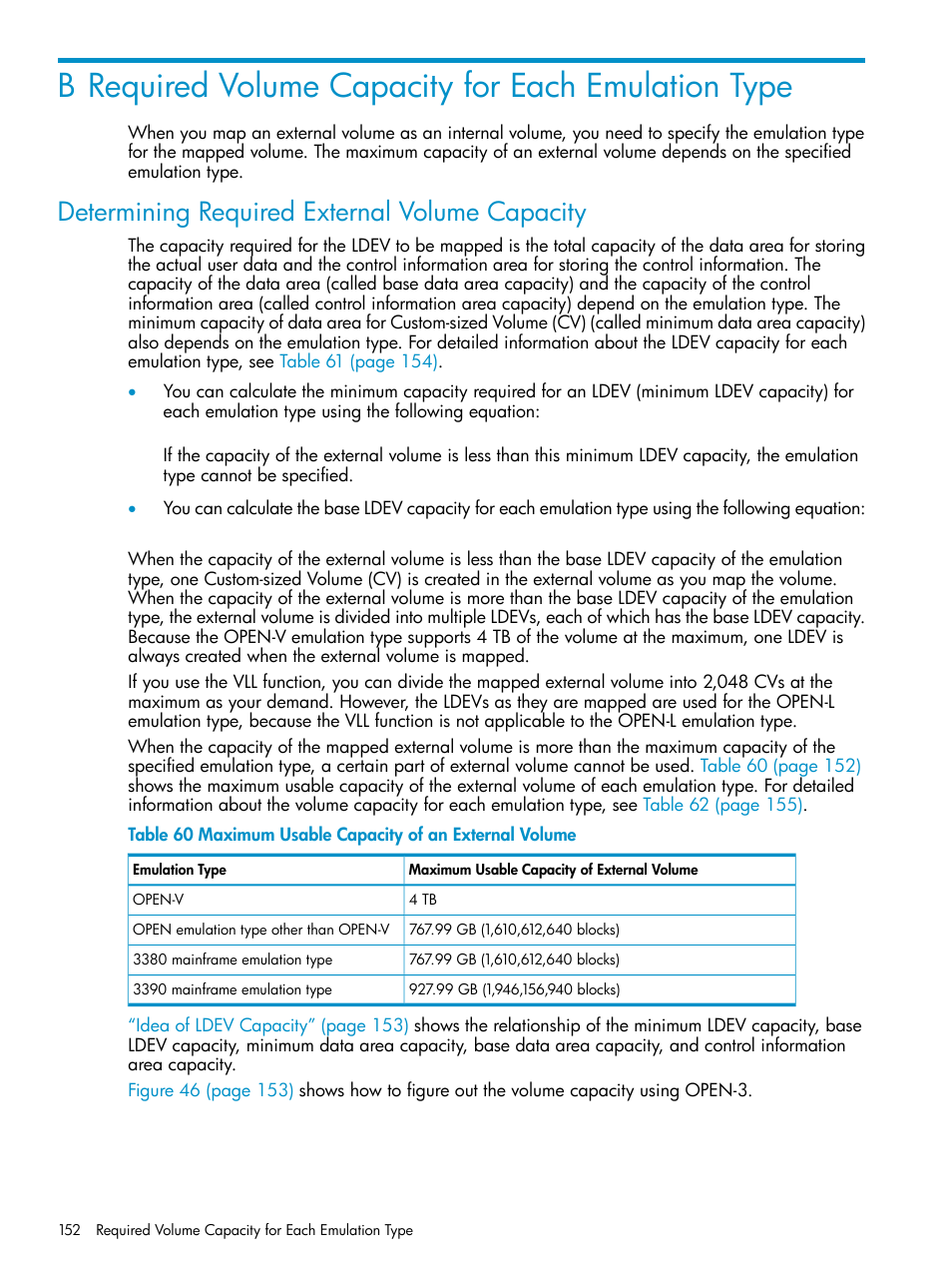 B required volume capacity for each emulation type, Determining required external volume capacity, Required volume capacity for each emulation | HP XP External Storage Software User Manual | Page 152 / 170
