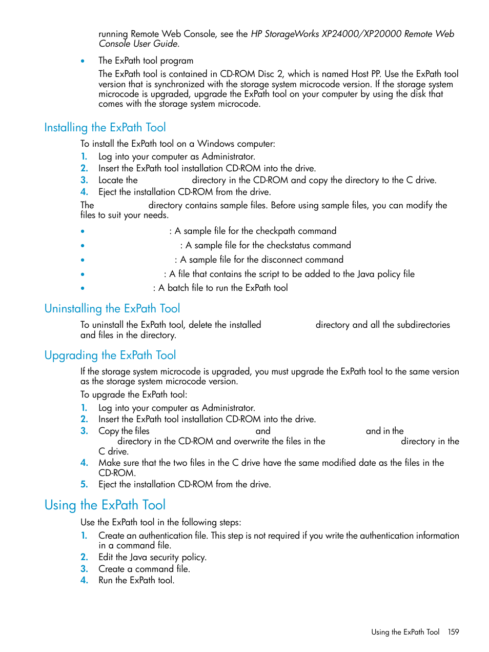 Installing the expath tool, Uninstalling the expath tool, Upgrading the expath tool | Using the expath tool | HP XP External Storage Software User Manual | Page 159 / 170