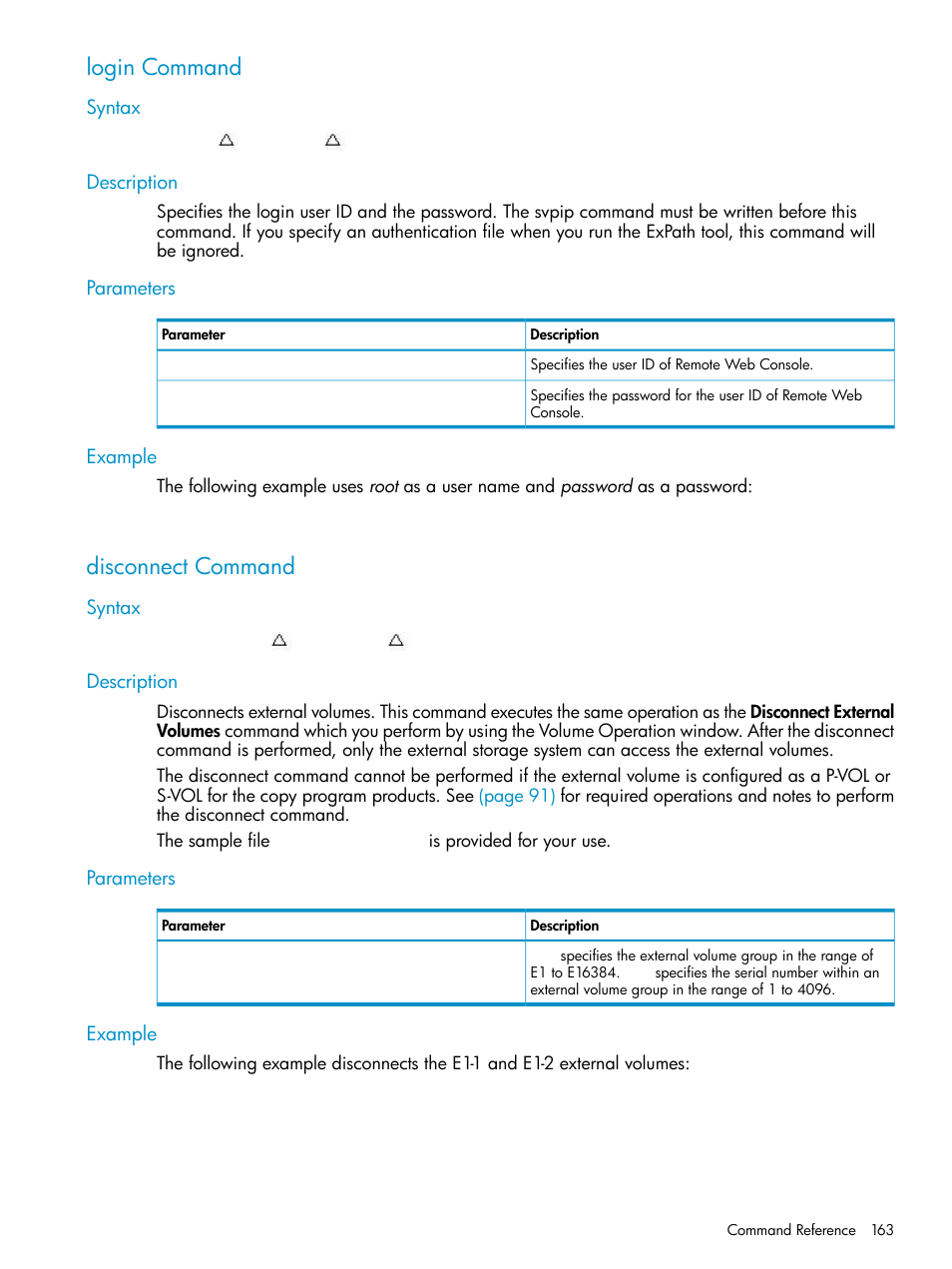 Login command, Syntax, Description | Parameters, Example, Disconnect command, Syntax description parameters example | HP XP External Storage Software User Manual | Page 163 / 170