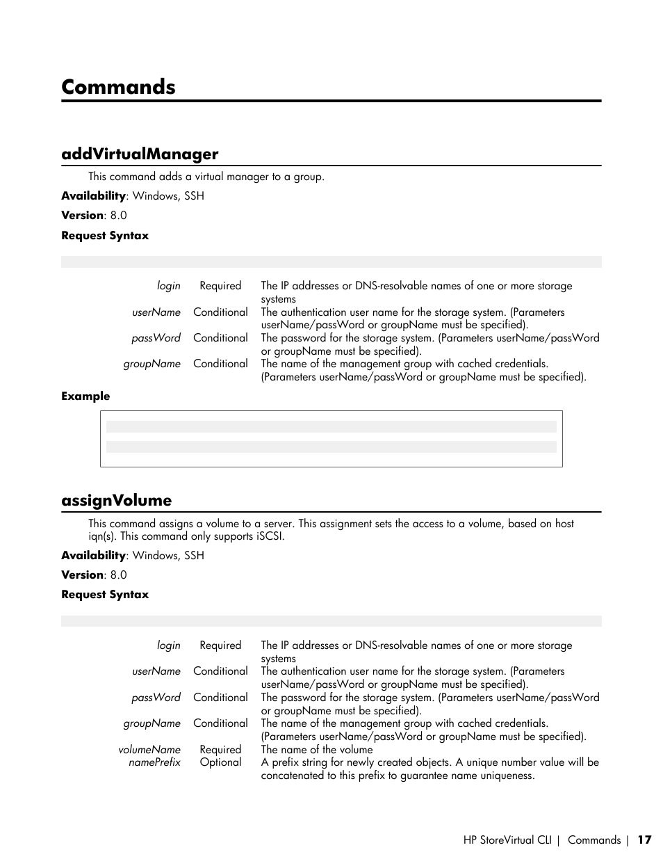 Commands, Addvirtualmanager, Assignvolume | HP LeftHand P4000 SAN Solutions User Manual | Page 17 / 102
