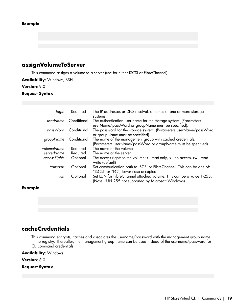 Assignvolumetoserver, Cachecredentials | HP LeftHand P4000 SAN Solutions User Manual | Page 19 / 102