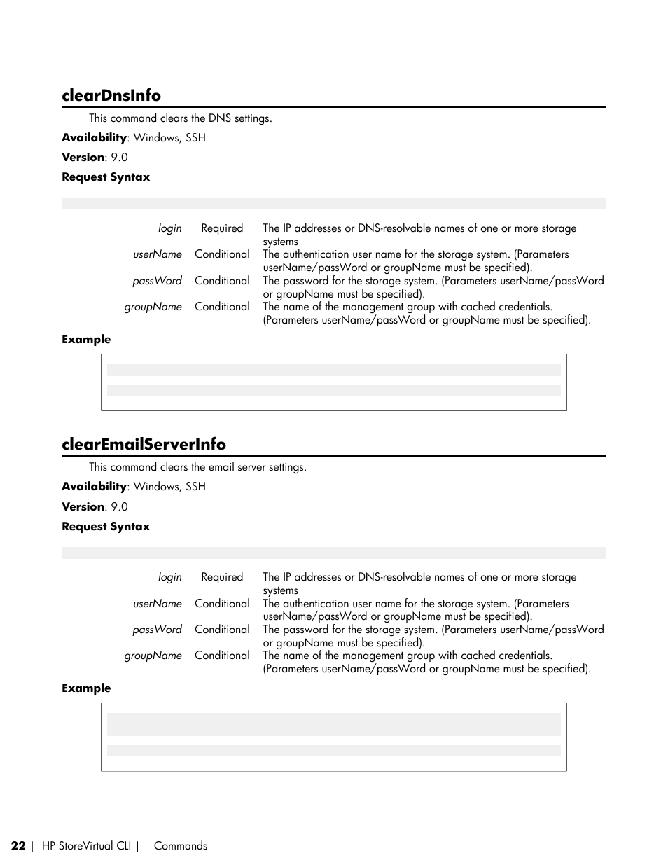 Cleardnsinfo, Clearemailserverinfo | HP LeftHand P4000 SAN Solutions User Manual | Page 22 / 102