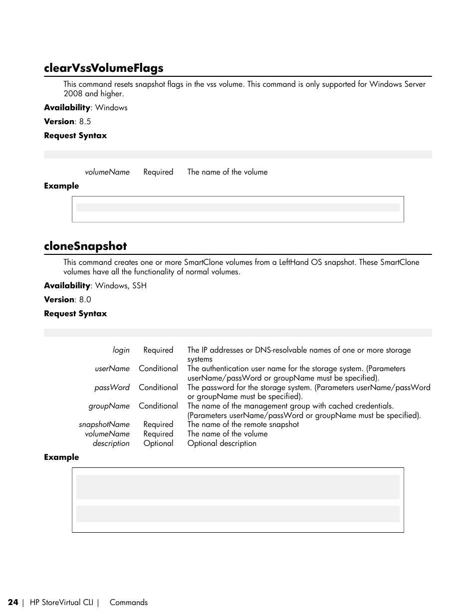 Clearvssvolumeflags, Clonesnapshot | HP LeftHand P4000 SAN Solutions User Manual | Page 24 / 102