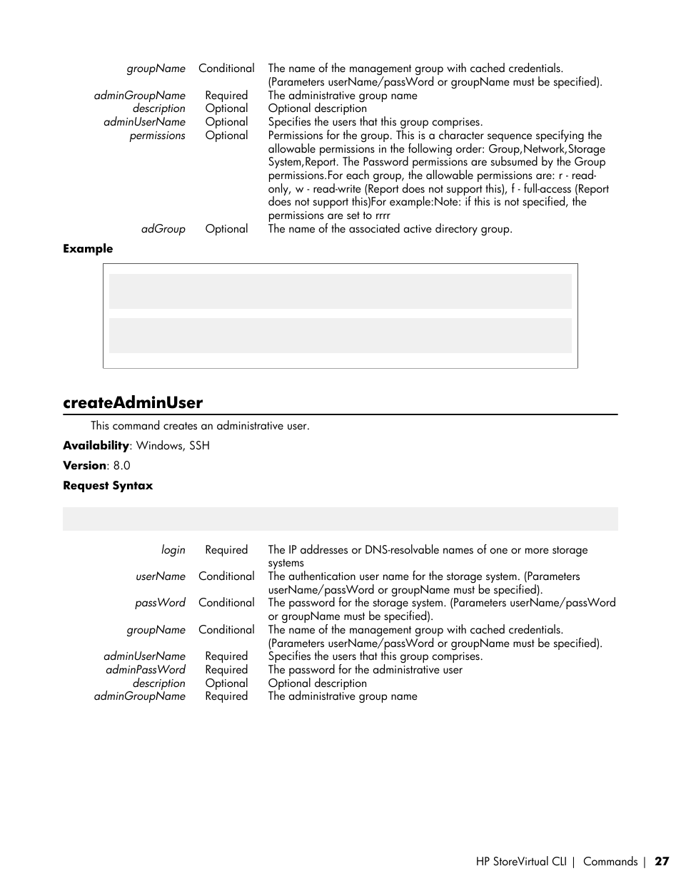 Createadminuser | HP LeftHand P4000 SAN Solutions User Manual | Page 27 / 102