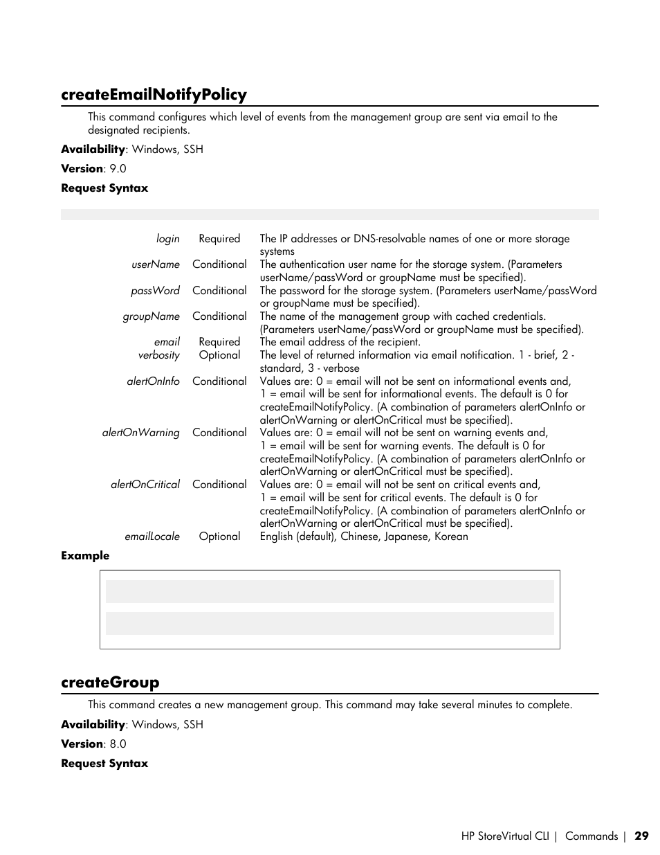 Createemailnotifypolicy, Creategroup | HP LeftHand P4000 SAN Solutions User Manual | Page 29 / 102