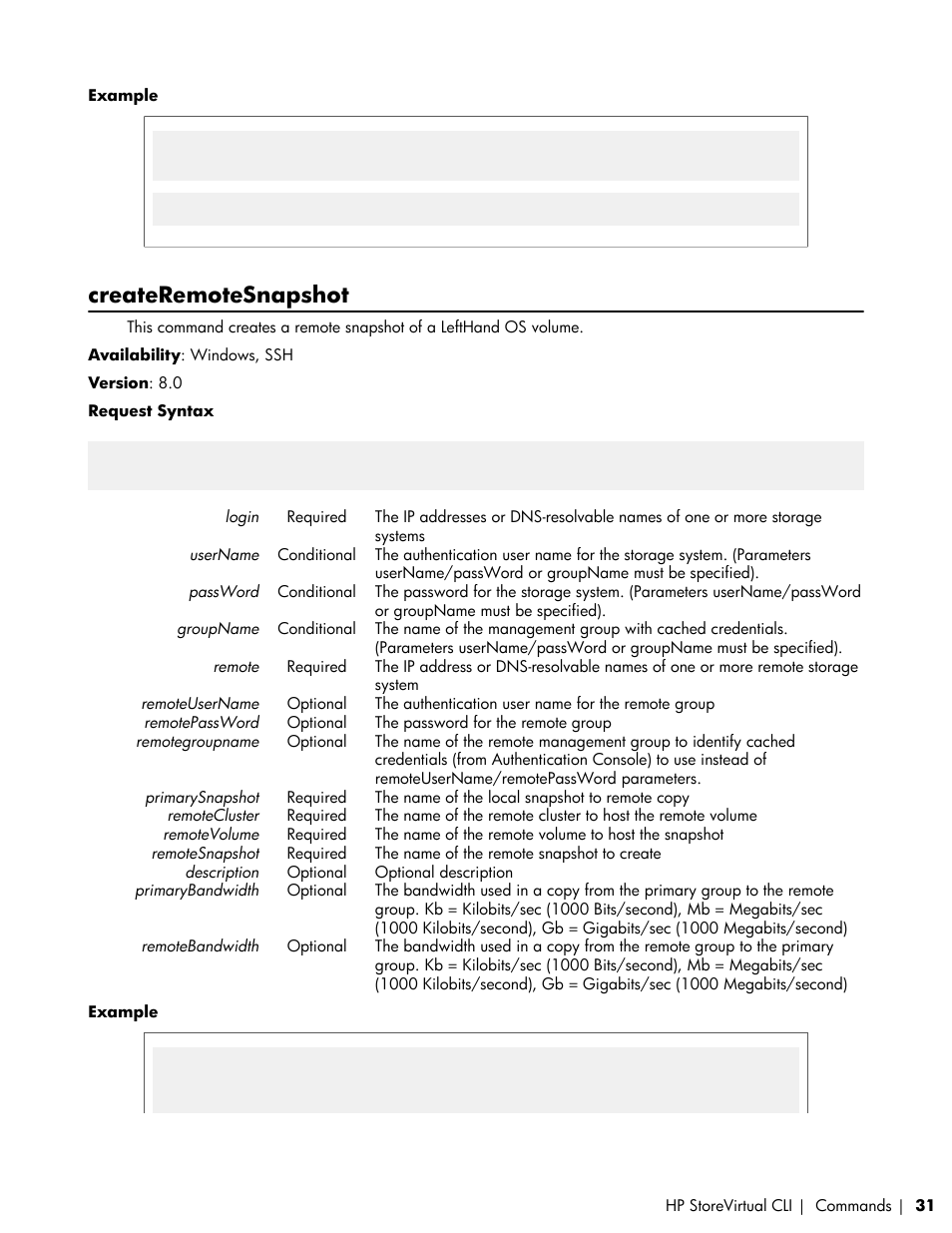 Createremotesnapshot | HP LeftHand P4000 SAN Solutions User Manual | Page 31 / 102