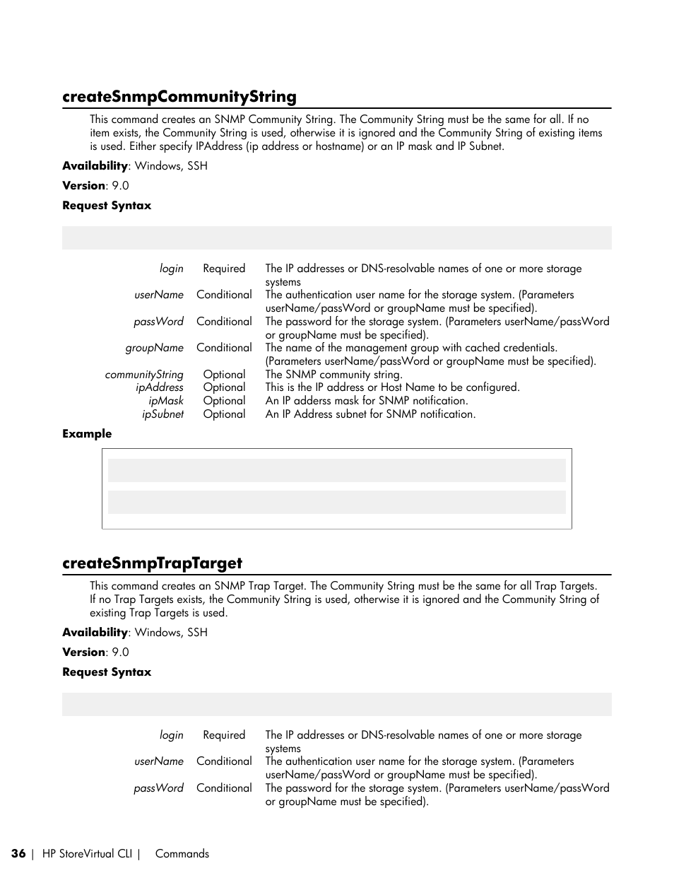 Createsnmpcommunitystring, Createsnmptraptarget | HP LeftHand P4000 SAN Solutions User Manual | Page 36 / 102