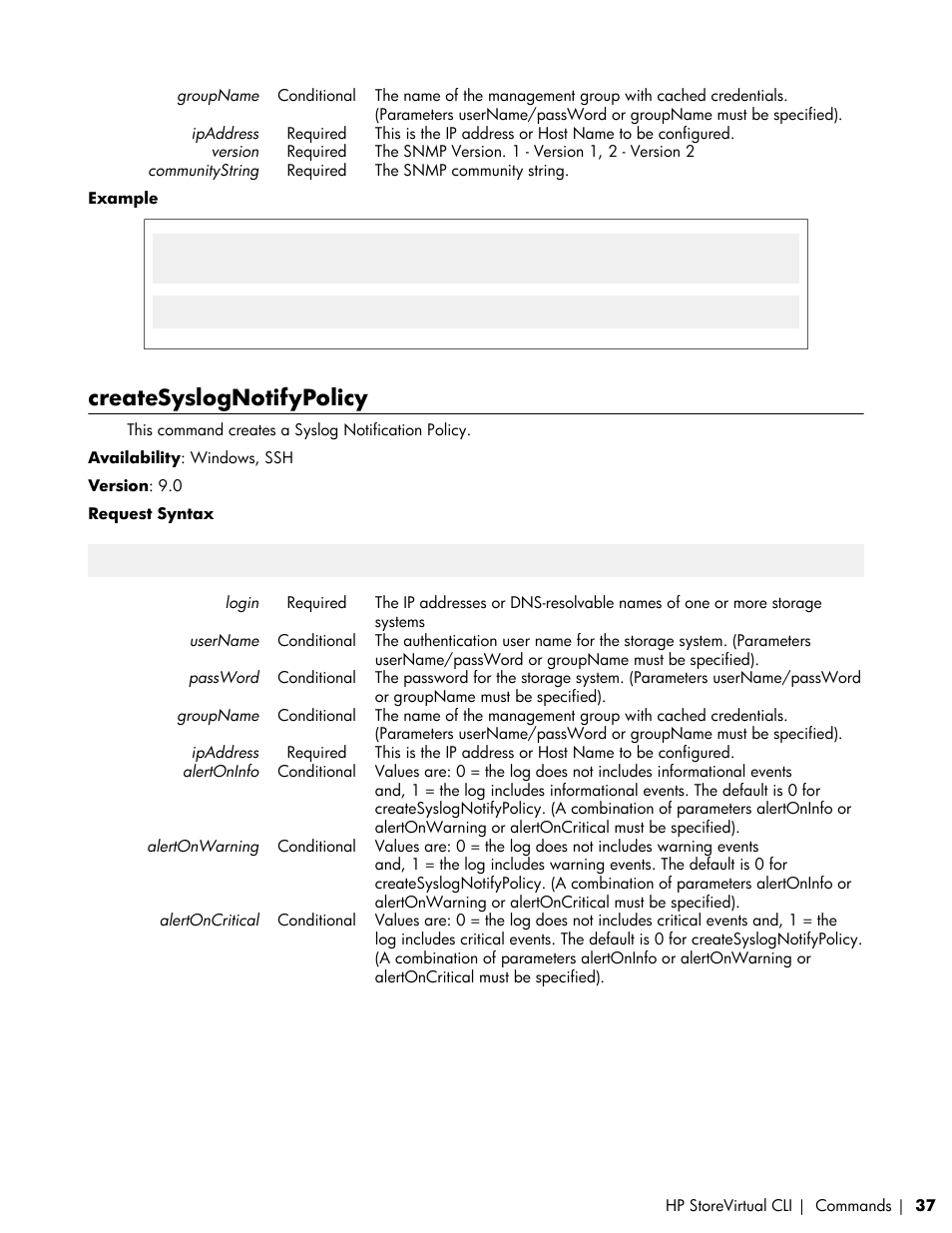 Createsyslognotifypolicy | HP LeftHand P4000 SAN Solutions User Manual | Page 37 / 102
